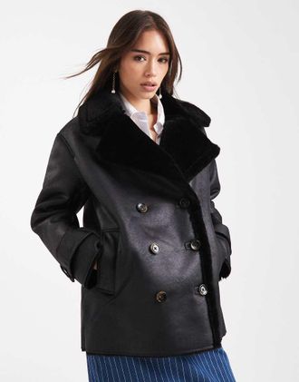 Asos Giacca stile aviatore nera oversize con dettagli doppiati in pile borg-Nero