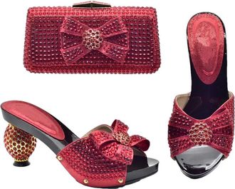 Generic Womens Shoes and Bag Set Stiletto High Heel Slip On Shoes Matching Full Rhinestone Flower Evening Handbag