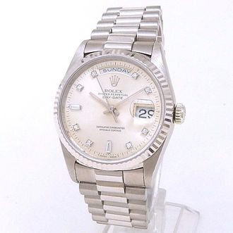 Rolex Pre-owned Rolex Day Date Automatic Chronometer Diamond Silver Dial Mens Watch 18239 SDP