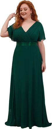 Ever-pretty Womens Eleagnt A Line Floor Length V Neck Short Sleeve Long Chiffon Bridesmaid Dresses Dark Green UK26 Plus Size