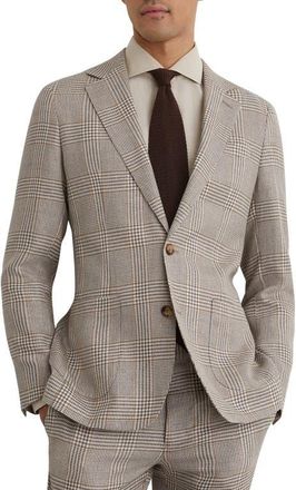 Reiss Epsom Tailored Fit Brown Glen Check Linen & Wool Blend Suit Jacket in Oatmeal Brown at Nordstrom, Size 38