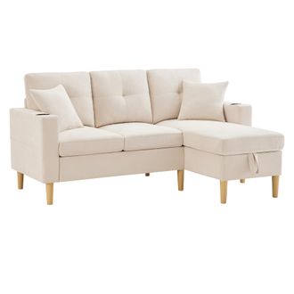STILVORA Sof&aacute; Esquinero 3 Plazas En Algod&oacute;n Lino Con Chaise Longue De Almacenamiento, 2 Portavasos, Bolsillo Lateral Y 2 Cojines, Beige