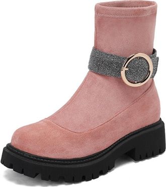 Generic Womens Faux Suede Ankle Boots with Buckle Pull on Platform Short Boots Closed Round Toe Winter Booties,Pink,6.5 UK