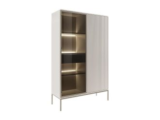 Vente-Unique Vitrina 2 puertas y 1 caj&oacute;n con LEDs de MDF y vidrio ahumado - Beige y negro - OVILA