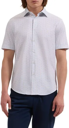 Bugatchi Miles OoohCotton Tech Geometric Print Short Sleeve Shirt in Air Blue at Nordstrom, Size Xxx-Large