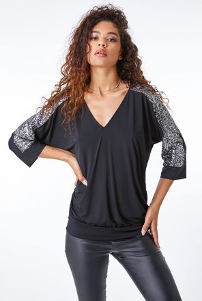 Roman Sequin Trim Stretch Jersey Top