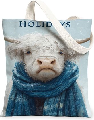 Generic Holiday Animal Canvas Tote Bags, Vintage Cow Design Reusable Grocery Bags, Winter Lightweight Washable Shoulder Strap, Blue, 13x15 Inch