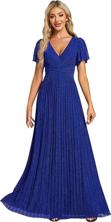 Ever-pretty Womens Glitter A Line V Neck Pleated Short Sleeve Evening Dress Sapphire Blue 22