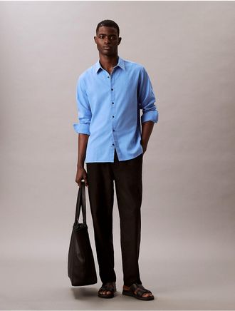 Calvin Klein Mens Linen Cotton Classic Button-Down Shirt - Blue - 2XL