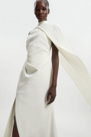 Karen Millen Womens Petite Soft Tailored One Shoulder Cape Sleeve Maxi Dress - White - Size 10 UK