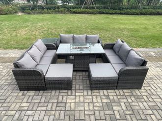 Fimous Outdoor Rattan Furniture Garden Dining Set Gas Fire Pit Table With Side Table Lounge Sofa 2 Big Footstool in Dark Grey