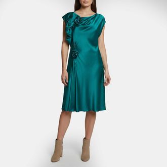 Alberta Ferretti Peacock Green Silk Floral Applique Draped Midi Dress