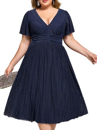 Ever-pretty Womens Midi Plus Size Wedding Guest Dress Glitter Empire Waist A-Line Navy Blue 26