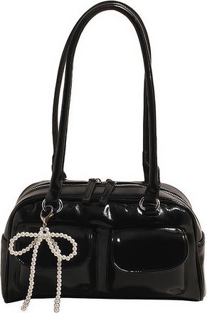 Generic Leather Shoulder Bag for Women with Pendant Simple Commuting Bag (Black)