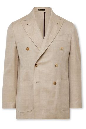 Rubinacci Unstructured Double-Breasted Herringbone Virgin Wool, Silk and Linen-Blend Blazer