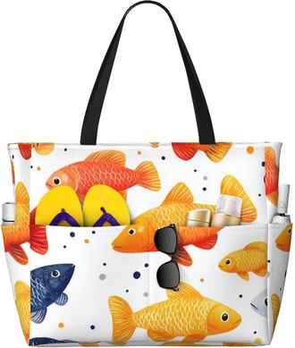 Generic Colorful Fish Print Large Beach Bag Foldable Travel Shoulder Tote Bag With Pocket For Weekender Pool Vacation