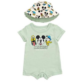 Disney Mickey Mouse 2-Piece Romper and Bucket Hat Set in Mickey Friends Mint at Nordstrom, Size 0-3M