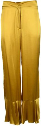 L'autre Chose Yellow Silk Trousers with Flared Ruffle Hem