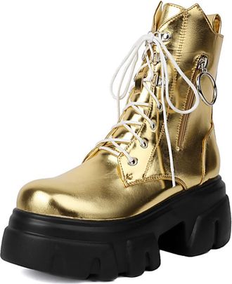 Generic Womens Platform Combat Boots Glossy PU Leather Metal Ring Decoration Lace Up Side Zipper Non Slip Wear Resistant Chunky Sole Comfortable Stylish For S