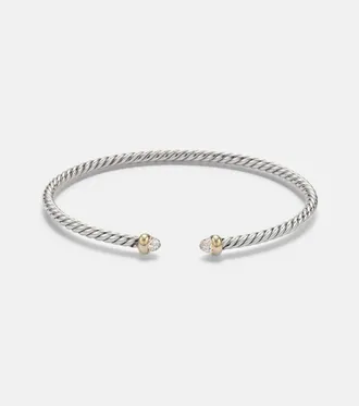 David Yurman Bracciale Micro Cable Flex in argento sterling e oro 14kt con diamanti