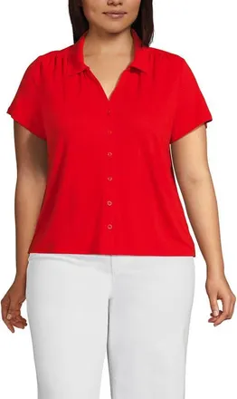 Lands End Linen Blend Short Sleeve Button Front Polo Top in Coral Red at Nordstrom, Size Large