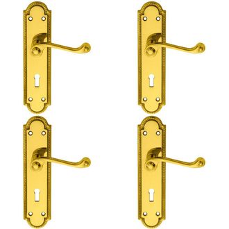 Loops 4x PAIR Reeded Scroll Handle on Shaped Lock Backplate 205 x 49mm Polished Brass in Metallics