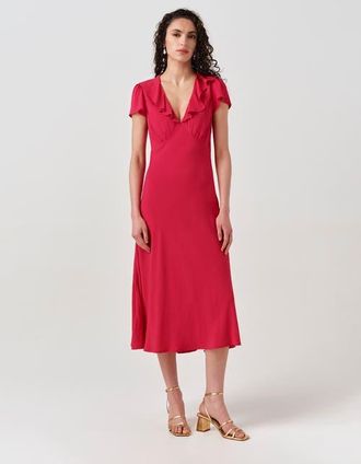 Ghost London Kimmy Frill Neck Crepe Midi Dress in Hot Pink at Nordstrom, Size 16