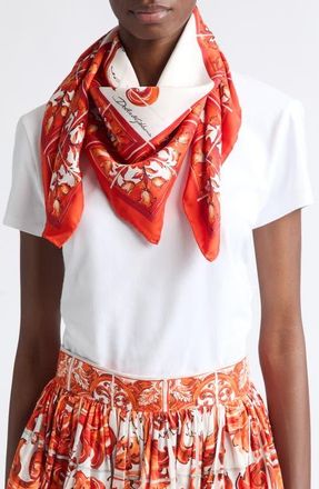 Dolce & Gabbana Majolica Print Silk Square Scarf in Maiolica 7 Orange at Nordstrom
