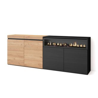 Skraut Home Aparadores Para Sal&oacute;n, Gran Capacidad De Almacenaje, 200x75x35cm, 4 Puertas, Chimenea El&eacute;ctrica, Estilo Moderno, Roble Y Negro - Skraut Home