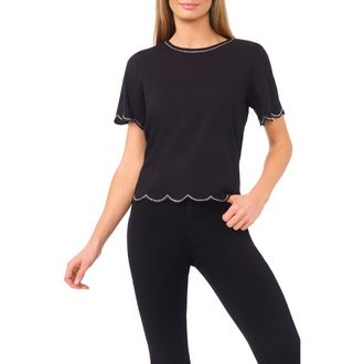 CeCe by Cynthia Steffe Embellished Scalloped Trim Jersey Top in Rich Black at Nordstrom Rack, Size X-Large