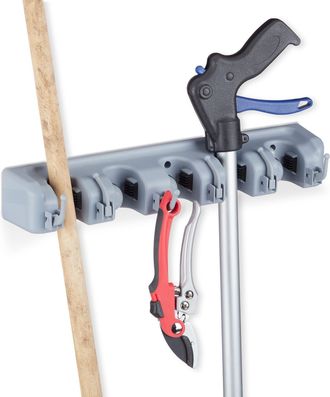 Relaxdays Relaxdays - Pack 10 Colgadores Escobas Pared 10 Enganches Y 12 Ganchos, Polipropileno-goma, Gris, 40 Cm