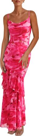 PrettyGarden Maxi Dresses for Women 2025 Floral Beach Sundress Spaghetti Strap Tiered Summer Wedding Guest Long Dress, Print Pink, L