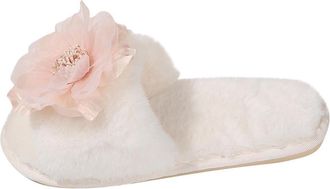 Generic White Womens Slip-On Slippers with Plus Velvet Warm Flower Design for Indoor and Outdoor Casual Wear Flock Material Comfort Fit