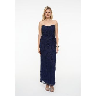 Beauut Embellished Sequin Beaded Maxi Strapless Dress in Mid Night Blue at Nordstrom, Size 10