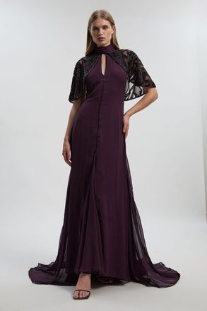 Karen Millen Womens Crystal Embellished Cutwork Cape Detail Woven Maxi Dress - Purple - Size 12 UK