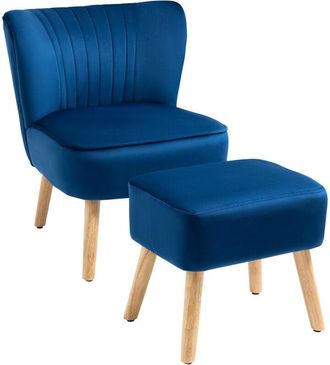 HOMCOM Homcom - Velvet-Feel Accent Chair with Ottoman Tub Seat Padding Wood Frame Dark Blue