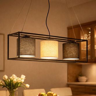 Fischer & Honsel Lampada a sospensione Lampada a sospensione in lino con struttura in metallo Lampada per sala da pranzo a 3 lampadine, nero grigio beige, prese E27