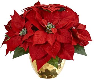 Nearly Natural Poinsettia Artificial Arrangement In Golden Vase