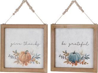 Melrose International Wood Beaded Hanging Harvest Grateful Thankful Sentiment (Set of 2) - Brown, Orange, White