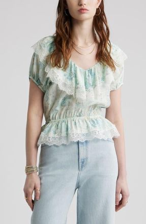 Treasure & Bond Lace Trim Puff Sleeve Peplum Top in Blue Wallpaper Collage at Nordstrom, Size Xx-Small