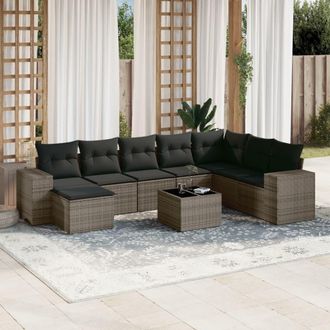 vidaXL Set De Muebles De Jard&iacute;n 9 Pzas Y Cojines Rat&aacute;n Sint&eacute;tico Gris Vidaxl