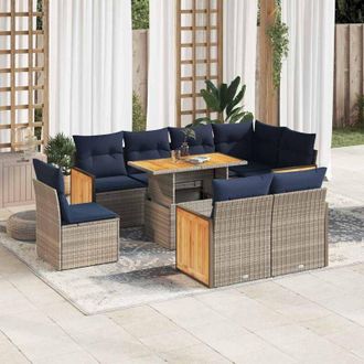 vidaXL Set Sof&aacute;s Jard&iacute;n Y Cojines 9 Pzas Rat&aacute;n Sint&eacute;tico Acacia Gris Vidaxl