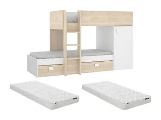 Vente-Unique Vente-unique - Letto A Castello Ad Angolo Reversibile - Vani Portaoggetti Integrati 2 X 90 X 190 Cm Rovere E Bianco + Materasso - Ricardo