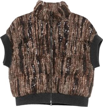 Brunello Cucinelli Sequin Boucl&eacute; Gilet - Dames - Bodywarmers - Bruin - M - Pailletten - Jassen