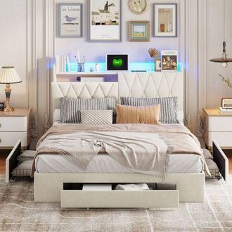 OEM Cama Doble 160x200 - Cofre Con 4 Cajones - Iluminaci&oacute;n Led Inteligente - Terciopelo Beige - Dise&ntilde;o Moderno