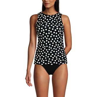Lands End D-Cup Chlorine Resistant High Neck UPF 50 Sun Protection Modest Tankini Swimsuit Top in Black/egret White Tossed Dots at Nordstrom, Size 16