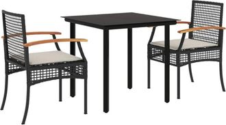 vidaXL Set Comedor De Jard&iacute;n 3 Pzas Con Cojines Rat&aacute;n Sint&eacute;tico Negro Vidaxl