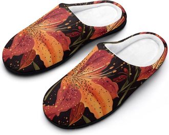 Generic Tiger Lilies Red Orange Slippers Men Winter Warm Cotton Anti-Slip Indoor Slip-Ons House Shoes