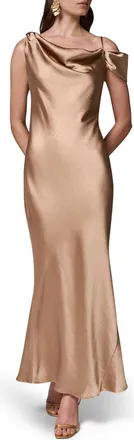 DKNY Asymmetric Shoulder Satin Gown in Camel at Nordstrom, Size 12