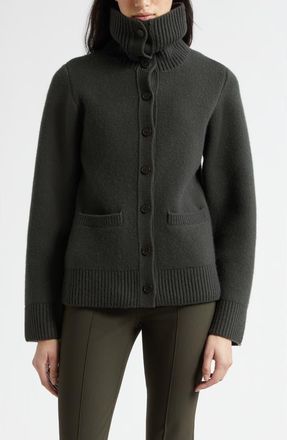 Vince Double Face Wool Blend Turtleneck Cardigan in Dark Thyme at Nordstrom, Size Xx-Small